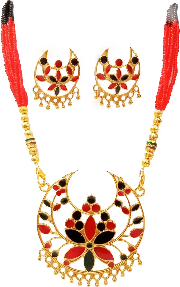 Assamese_Traditional_Gold_Plated_Red_Black_Colour_Junbiri_Tassel_Jewellery_Set_For_Women_&_Girl